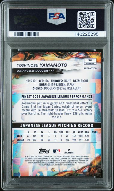 Graded 2024 Topps Finest Yoshinobu Yamamoto #50 Refractor Rookie RC Baseball Card PSA 10 Gem Mint - Image 2