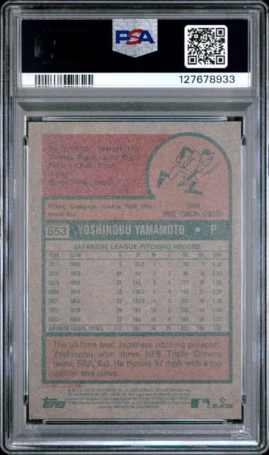 Graded 2024 Topps Heritage Yoshinobu Yamamoto #553 Aqua Border Rookie RC Baseball Card PSA 9 Mint - Image 2