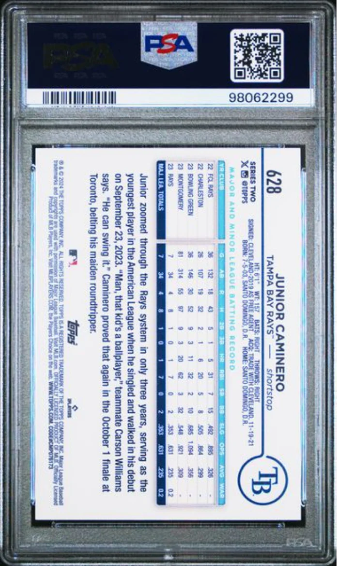 Graded 2024 Topps Junior Caminero #628 ASG Exclusive Rookie RC Baseball Card PSA 10 Gem Mint - Image 2