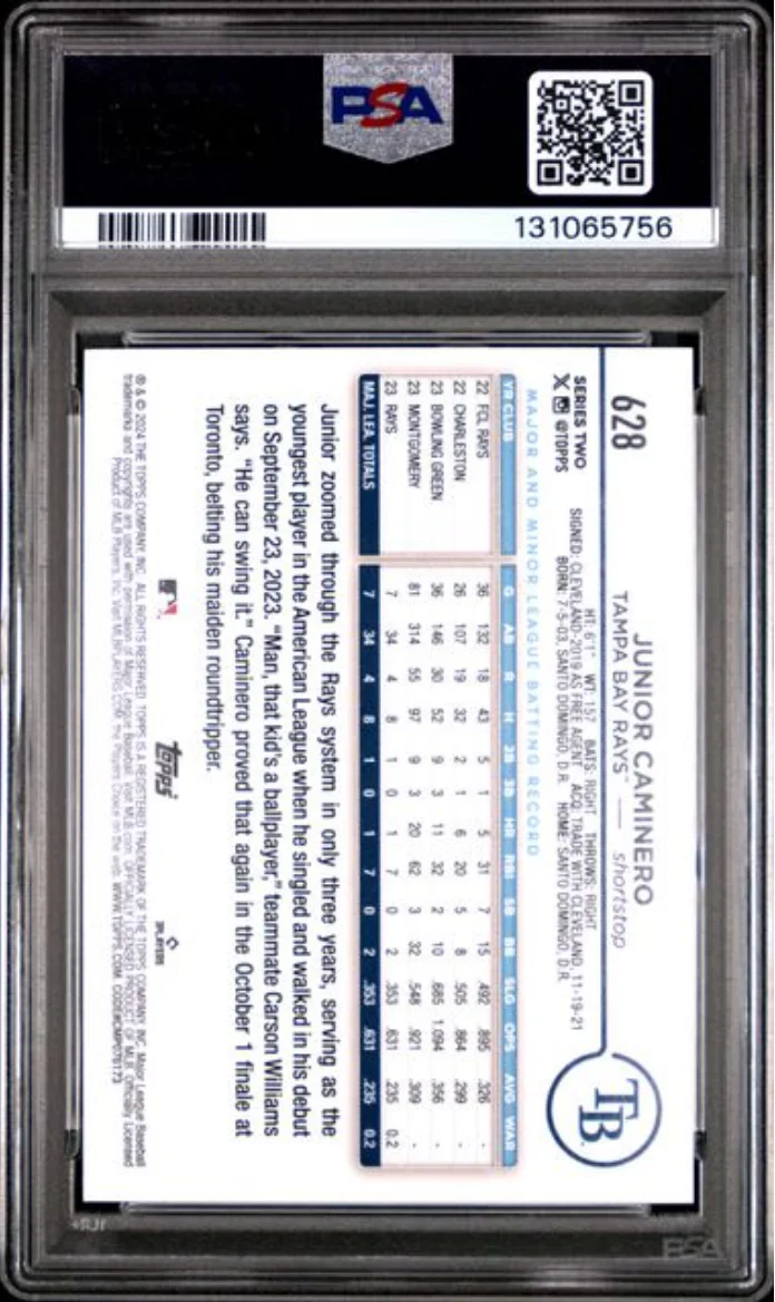 Graded 2024 Topps Junior Caminero #628 Rainbow Foil Rookie RC Baseball Card PSA 10 Gem Mint - Image 2