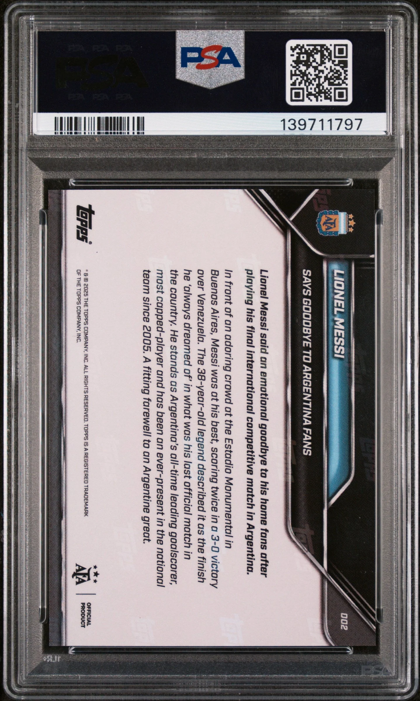 Graded 2024 Topps Now Argentina Lionel Messi #2 Says Goodbye to Argentina Fans Soccer Card PSA 10 Gem Mint - Image 2