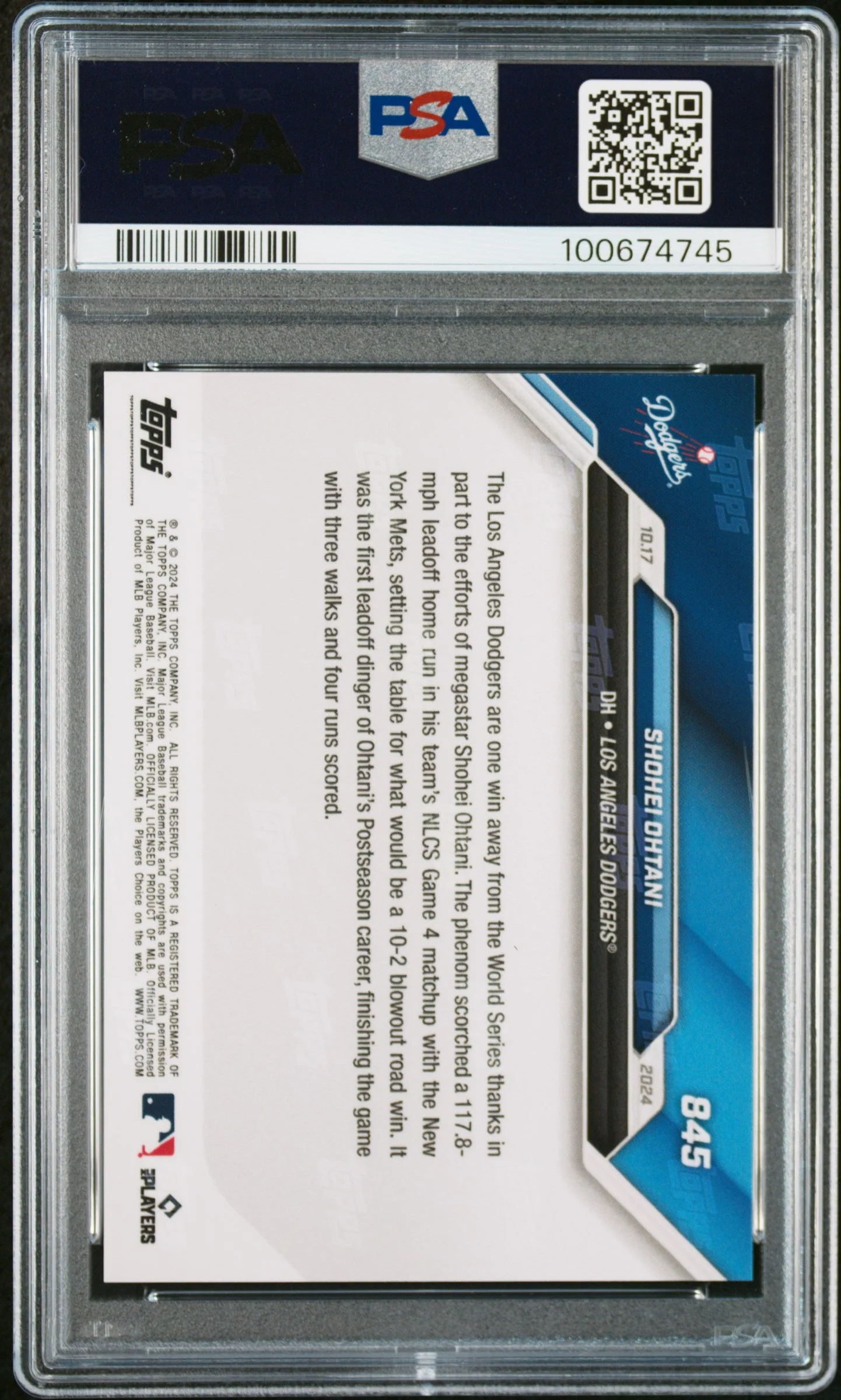 Graded 2024 Topps Now Shohei Ohtani #845 Hits 1st Leadoff HR of Postseason Career in Rout NLCS Baseball Card PSA 10 Gem Mint - Image 2