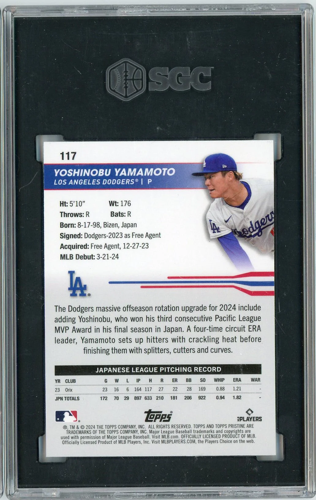 Graded 2024 Topps Pristine Yoshinobu Yamamoto #117 /99 Purple Refractor Rookie RC Baseball Card SGC 10 Gem Mint - Image 2