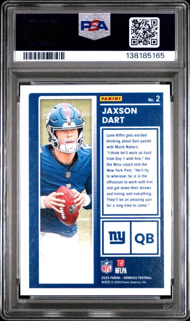 Graded 2025 Donruss Jaxson Dart #2 The Rookies Rookie RC Football Card PSA 9 Mint - Image 2