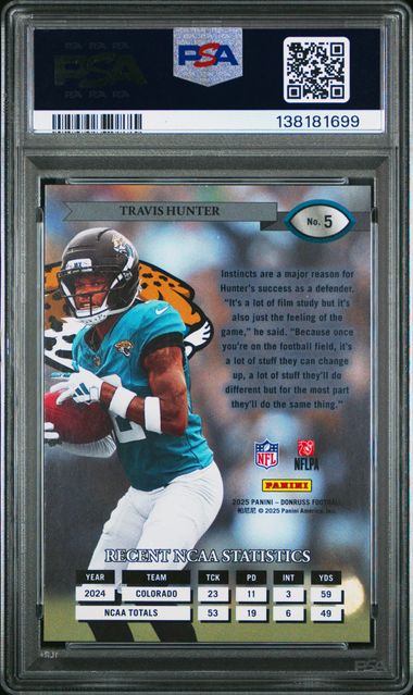 Graded 2025 Panini Donruss Travis Hunter #5 Retro 1995 Rookie RC Football Card PSA 10 Gem Mint - Image 2