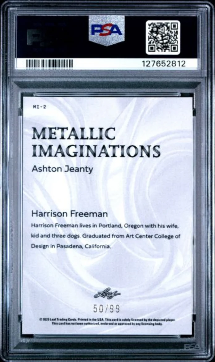Graded 2025 Leaf Ashton Jeanty #MI2 Metallic Imaginations Series 2 Gold /99 Rookie RC Football Card PSA 10 Gem Mint - Image 2