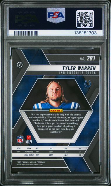 Graded 2025 Mosaic Tyler Warren #281 Variation Rookie RC Football Card PSA 10 Gem Mint - Image 2