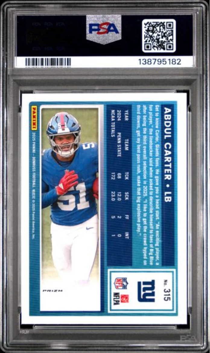 Graded 2025 Panini Donruss Abdul Carter #315 Optic Preview Red Pandora Rookie RC Football Card PSA 10 Gem Mint - Image 2