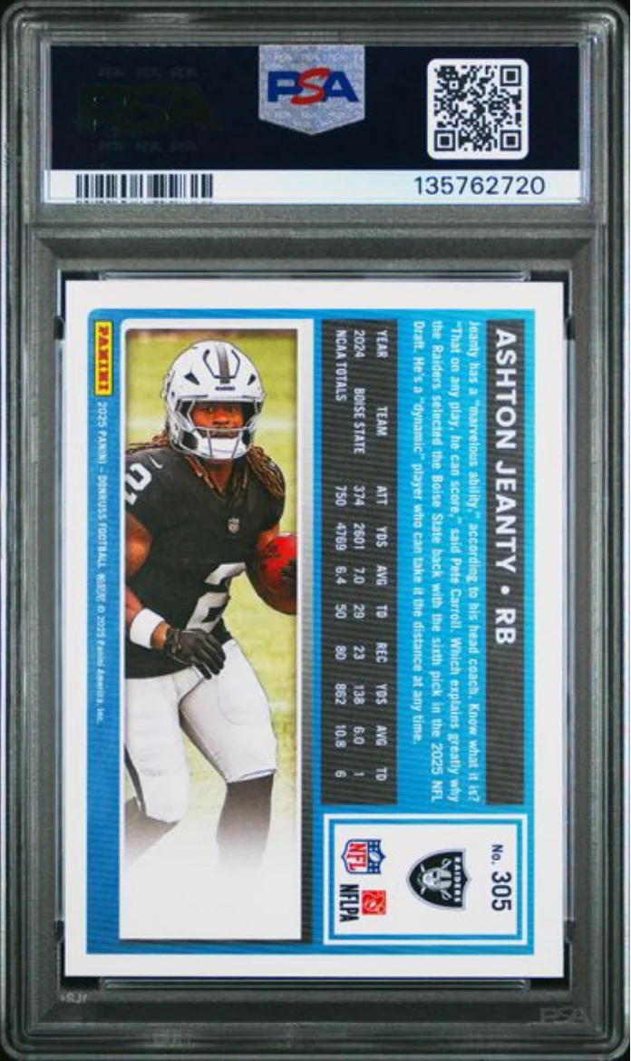 Graded 2025 Panini Donruss Ashton Jeanty #305 Rookie RC Football Card PSA 10 Gem Mint - Image 2