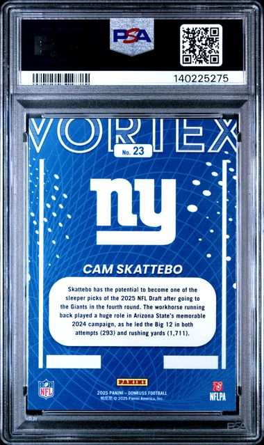 Graded 2025 Panini Donruss Cam Skattebo #23 Vortex Rookie RC Football Card PSA 10 Gem Mint - Image 2