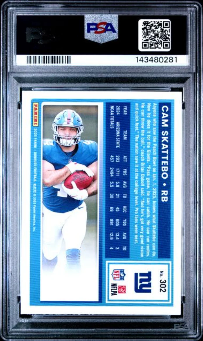 Graded 2025 Panini Donruss Cam Skattebo #302 Rookie RC Football Card PSA 10 Gem Mint - Image 2