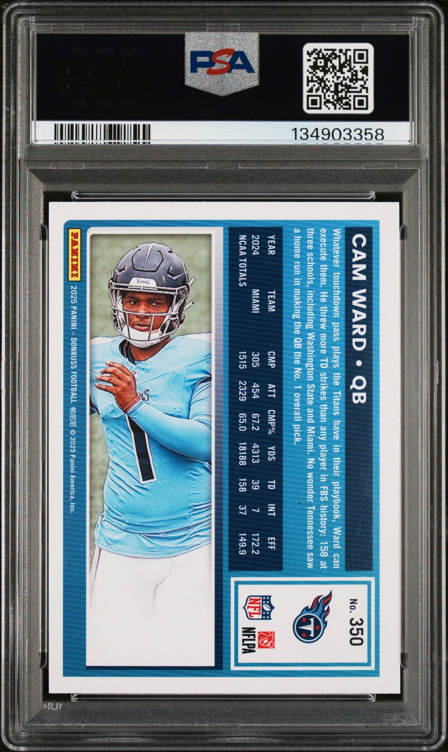 Graded 2025 Panini Donruss Cam Ward #350 Rookie RC Football Card PSA 9 Mint - Image 2