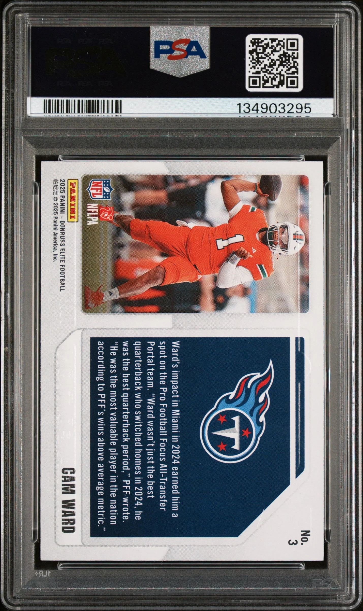Graded 2025 Panini Donruss Elite Cam Ward #3 Extra Edition /799 Rookie RC Football Card PSA 10 Gem Mint - Image 2