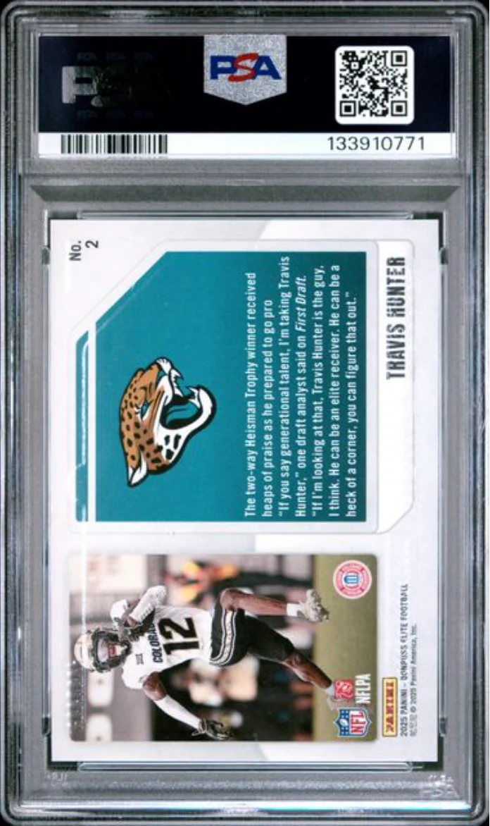 Graded 2025 Panini Donruss Elite Travis Hunter #2 Extra Edition /799 Rookie RC Football Card PSA 10 Gem Mint - Image 2