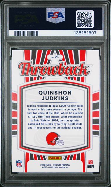 Graded 2025 Panini Donruss Quinshon Judkins #26 Rated Rookies Throwback Rookie RC Football Card PSA 10 Gem Mint - Image 2