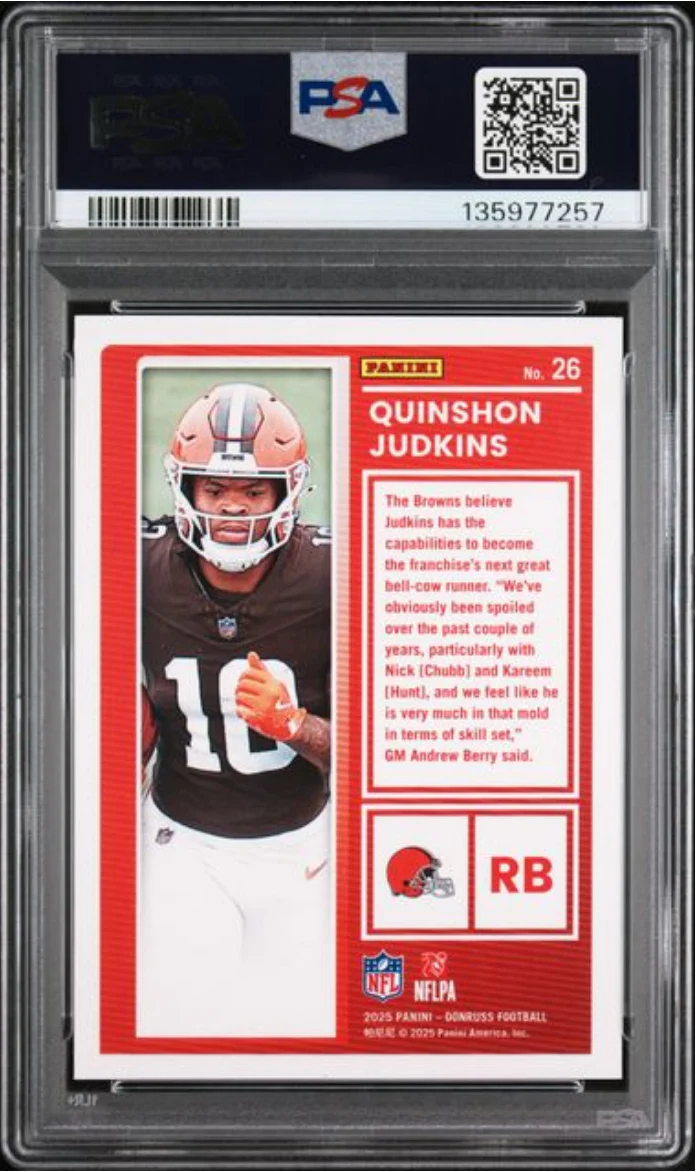 Graded 2025 Panini Donruss Quinshon Judkins #26 The Rookies Rookie RC Football Card PSA 10 Gem Mint - Image 2