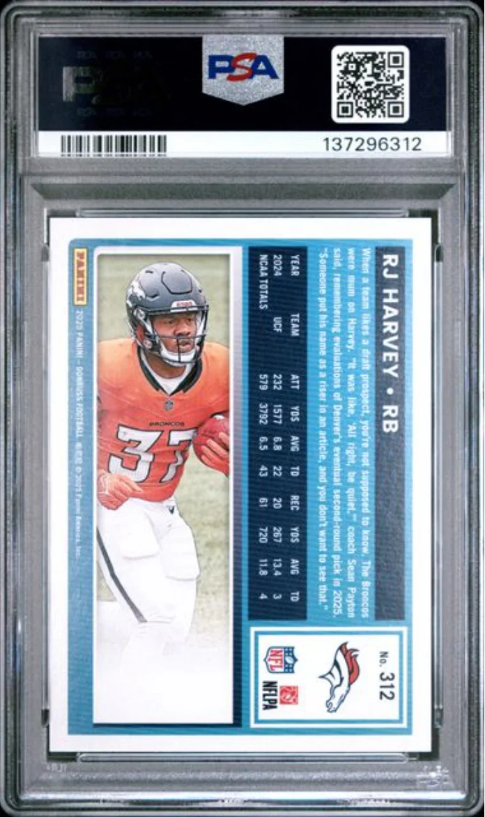 Graded 2025 Panini Donruss RJ Harvey #312 Press Proof Silver /199 Rookie RC Football Card PSA 10 Gem Mint - Image 2