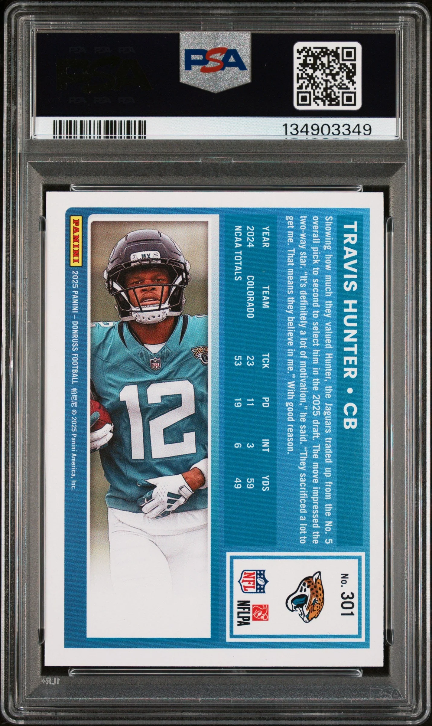 Graded 2025 Panini Donruss Travis Hunter #301 Rookie RC Football Card PSA 9 Mint - Image 2