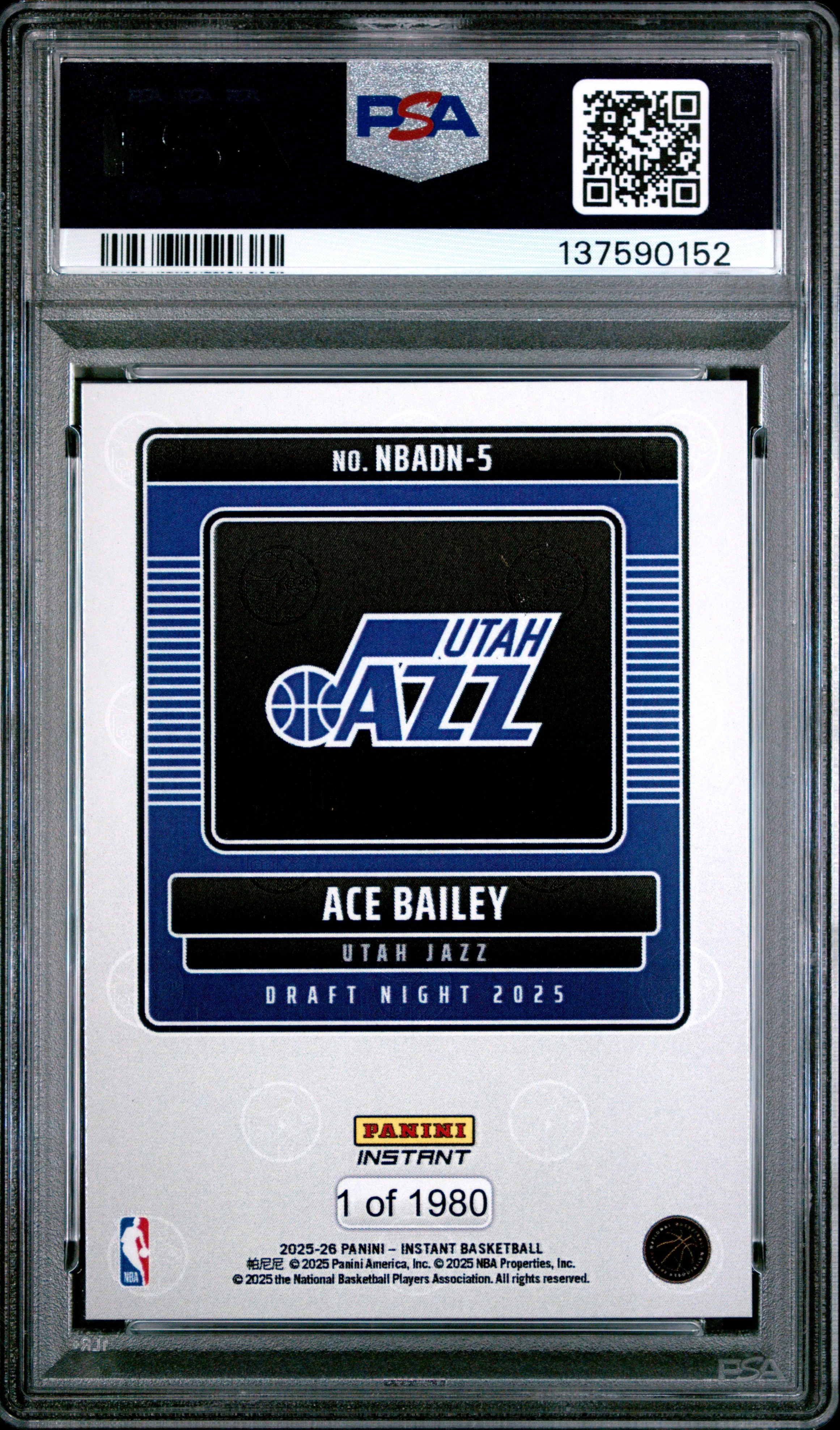 Graded 2025 Panini Instant Ace Bailey #5 Draft Night Rookie RC Basketball Card PSA 10 Gem Mint - Image 2