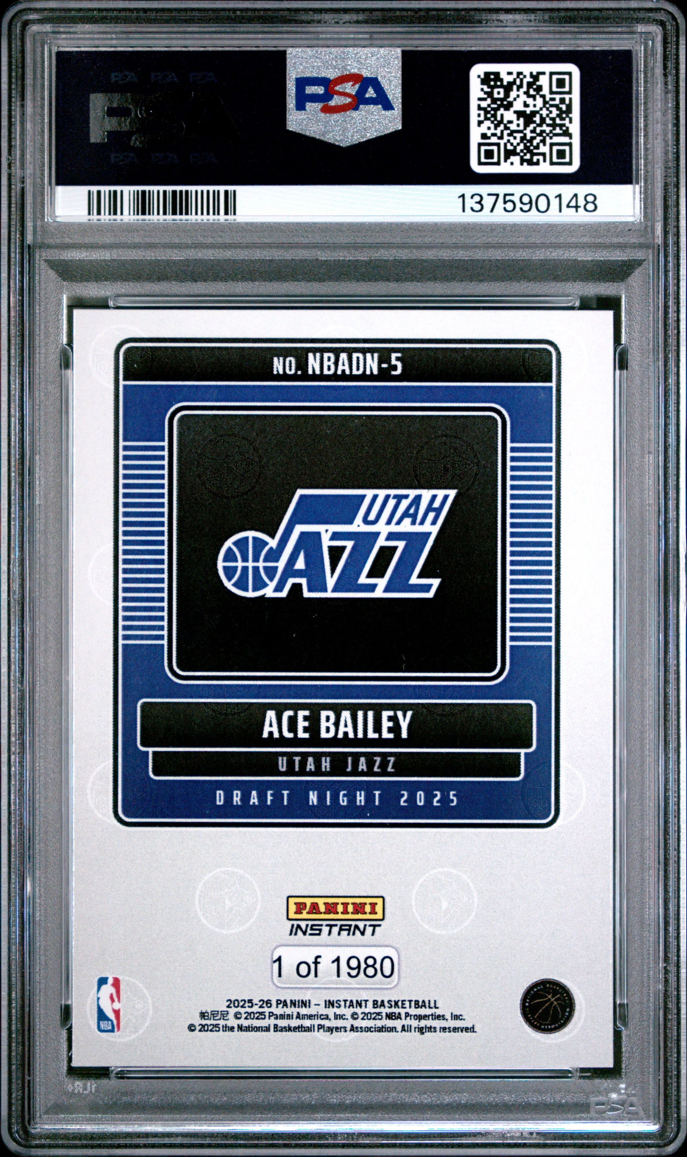 Graded 2025 Panini Instant Ace Bailey #5 Draft Night Rookie RC Basketball Card PSA 8 Near Mint - Image 2