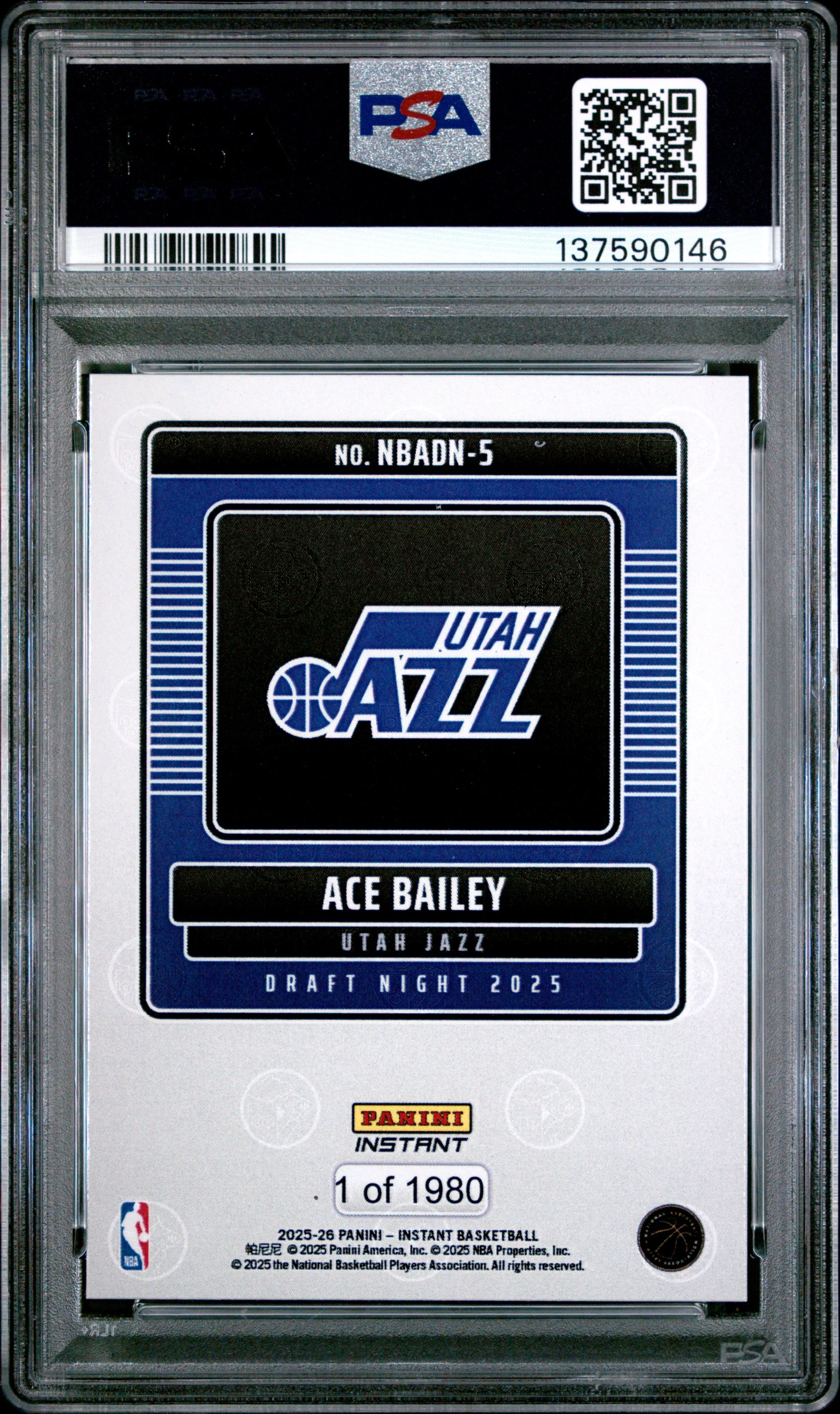 Graded 2025 Panini Instant Ace Bailey #5 Draft Night Rookie RC Basketball Card PSA 9 Mint - Image 2