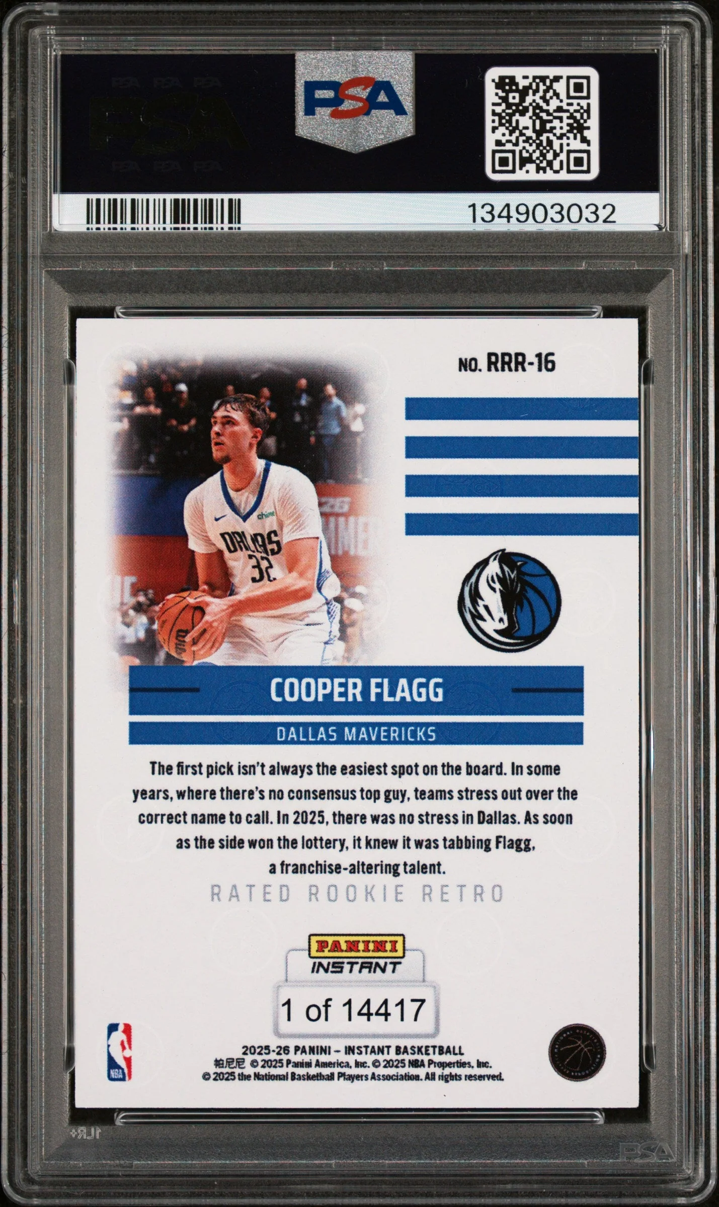 Graded 2025 Panini Instant Cooper Flagg #RRR16 Rated Rookie Retro Rookie RC Basketball Card PSA 9 Mint - Image 2