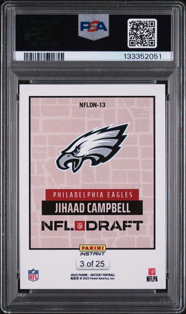 Graded 2025 Panini Instant Draft Night Beige Jihaad Campbell #NFLDN13 /25 Rookie RC Football Card PSA 9 Mint - Image 2