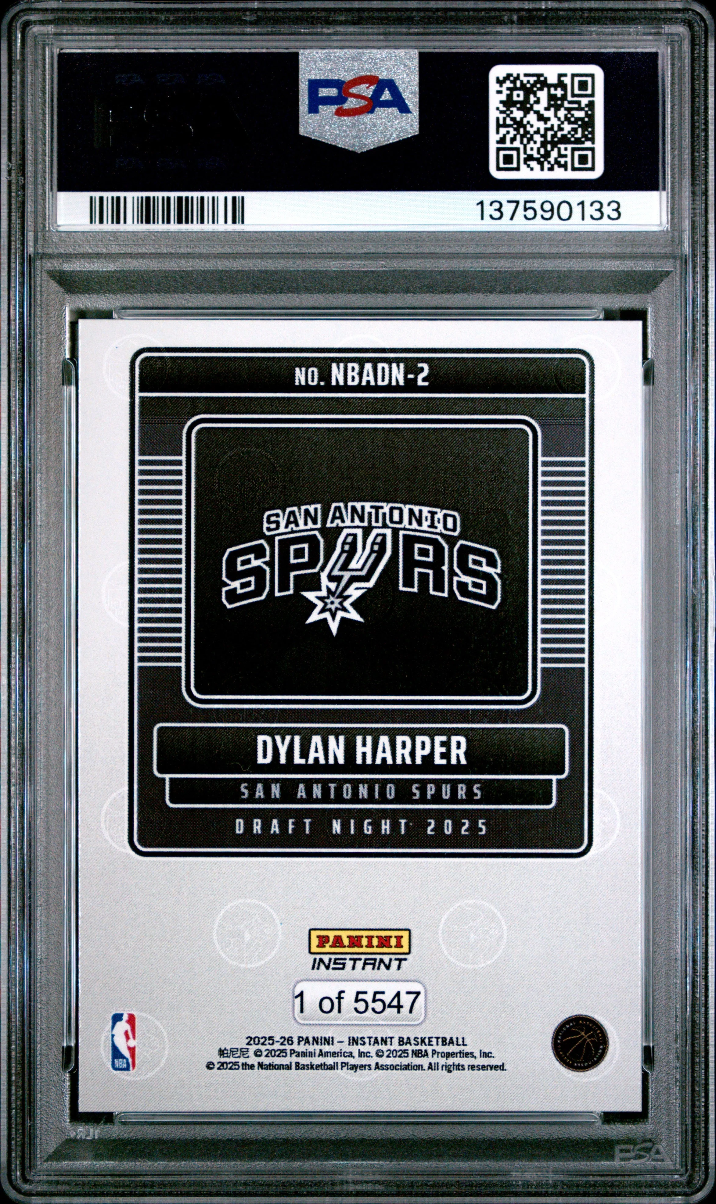 Graded 2025 Panini Instant Dylan Harper #2 Draft Night Rookie RC Basketball Card PSA 9 Mint - Image 2