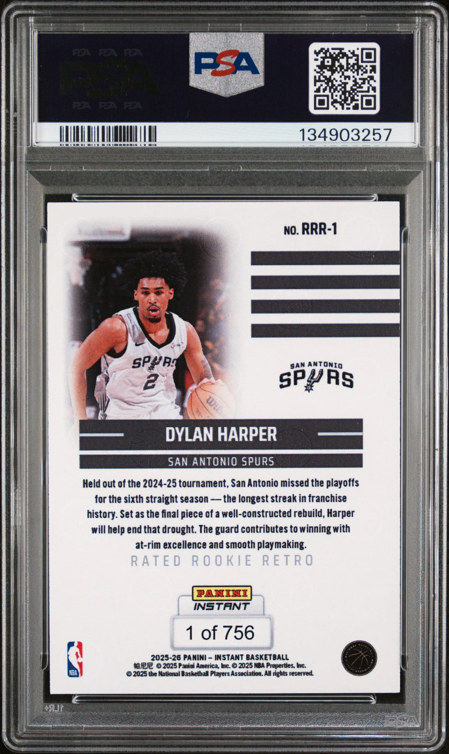 Graded 2025 Panini Instant Dylan Harper #RRR1 Rated Rookie Retro Rookie RC Basketball Card PSA 10 Gem Mint - Image 2