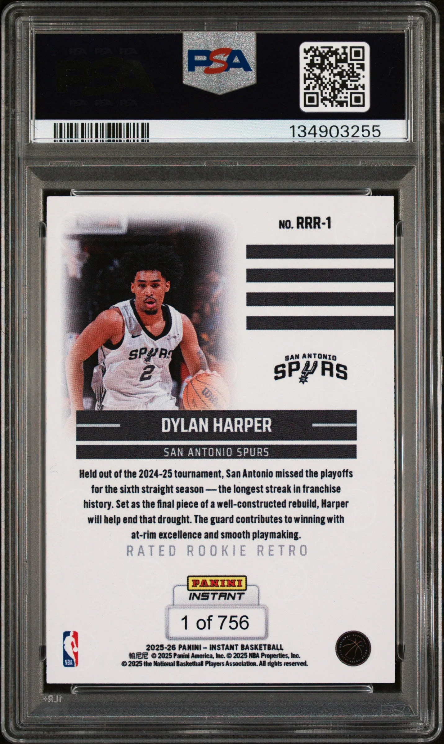 Graded 2025 Panini Instant Dylan Harper #RRR1 Rated Rookie Retro Rookie RC Basketball Card PSA 9 Mint - Image 2