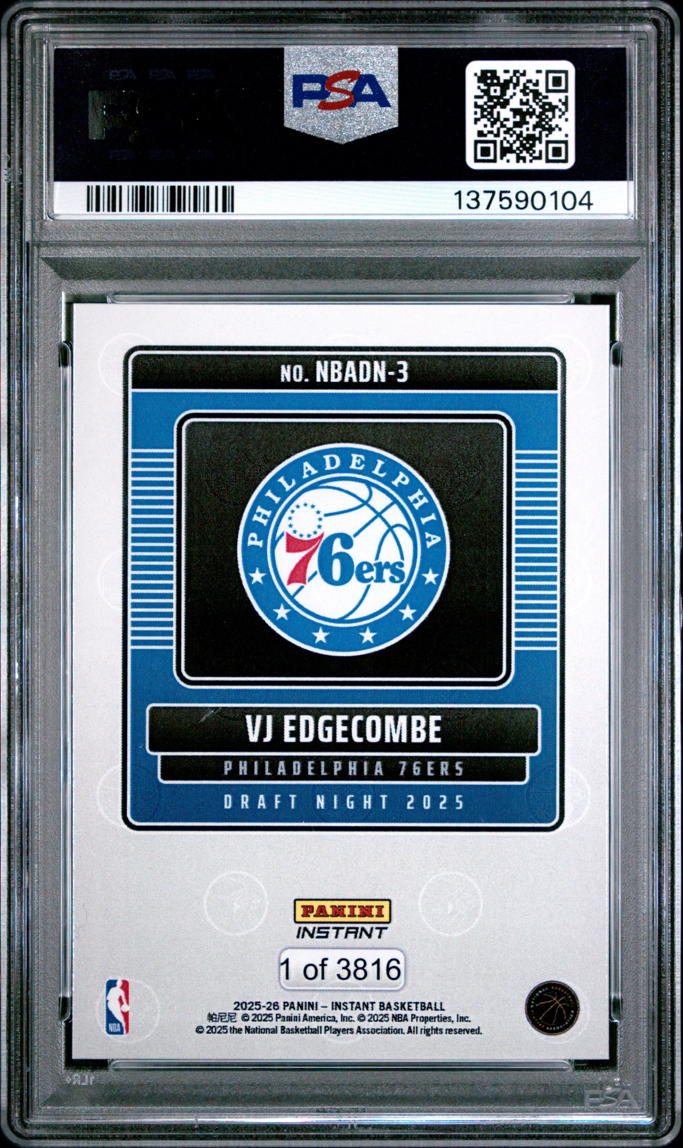Graded 2025 Panini Instant VJ Edgecombe #3 Draft Night Rookie RC Basketball Card PSA 10 Gem Mint - Image 2