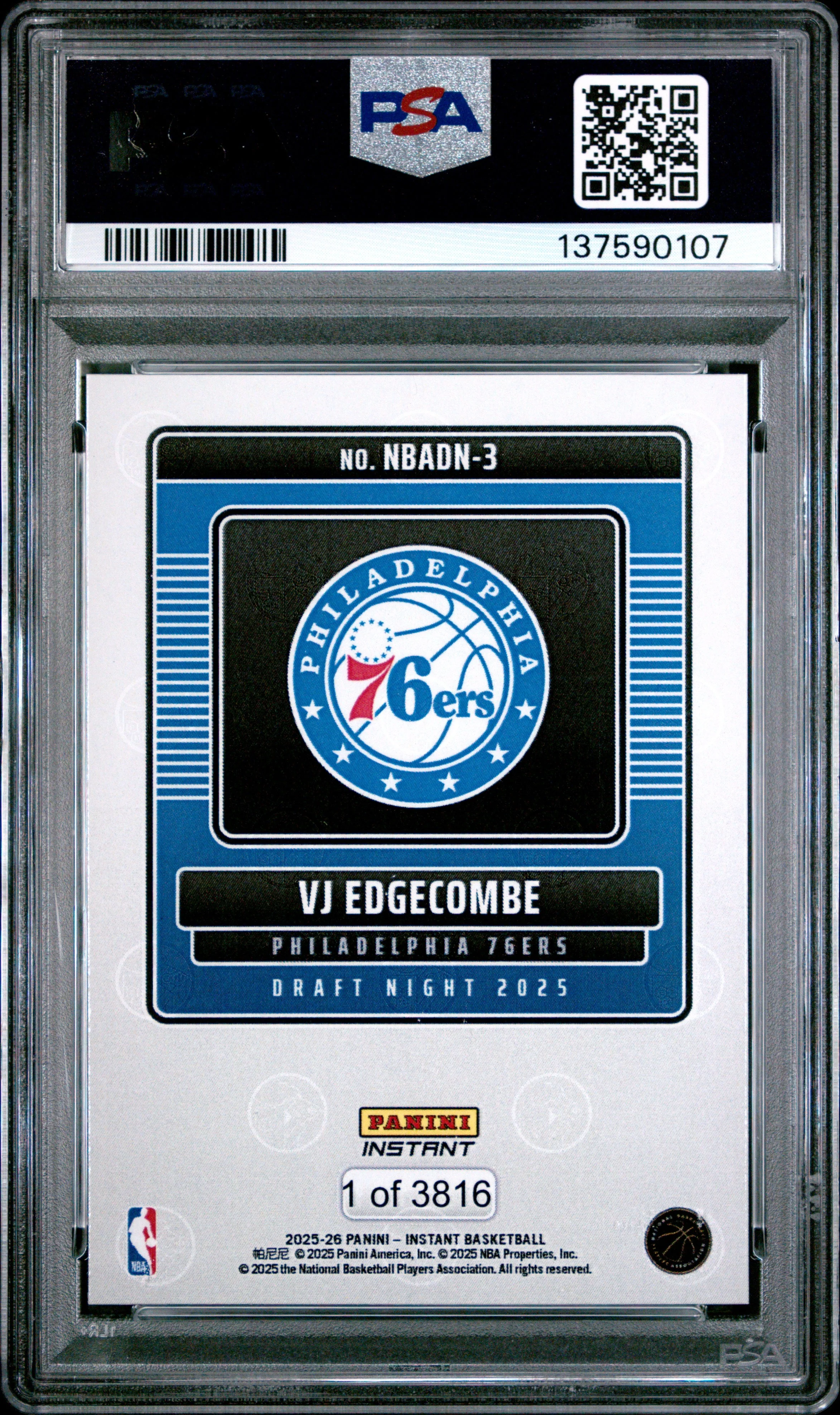 Graded 2025 Panini Instant VJ Edgecombe #3 Draft Night Rookie RC Basketball Card PSA 9 Mint - Image 2