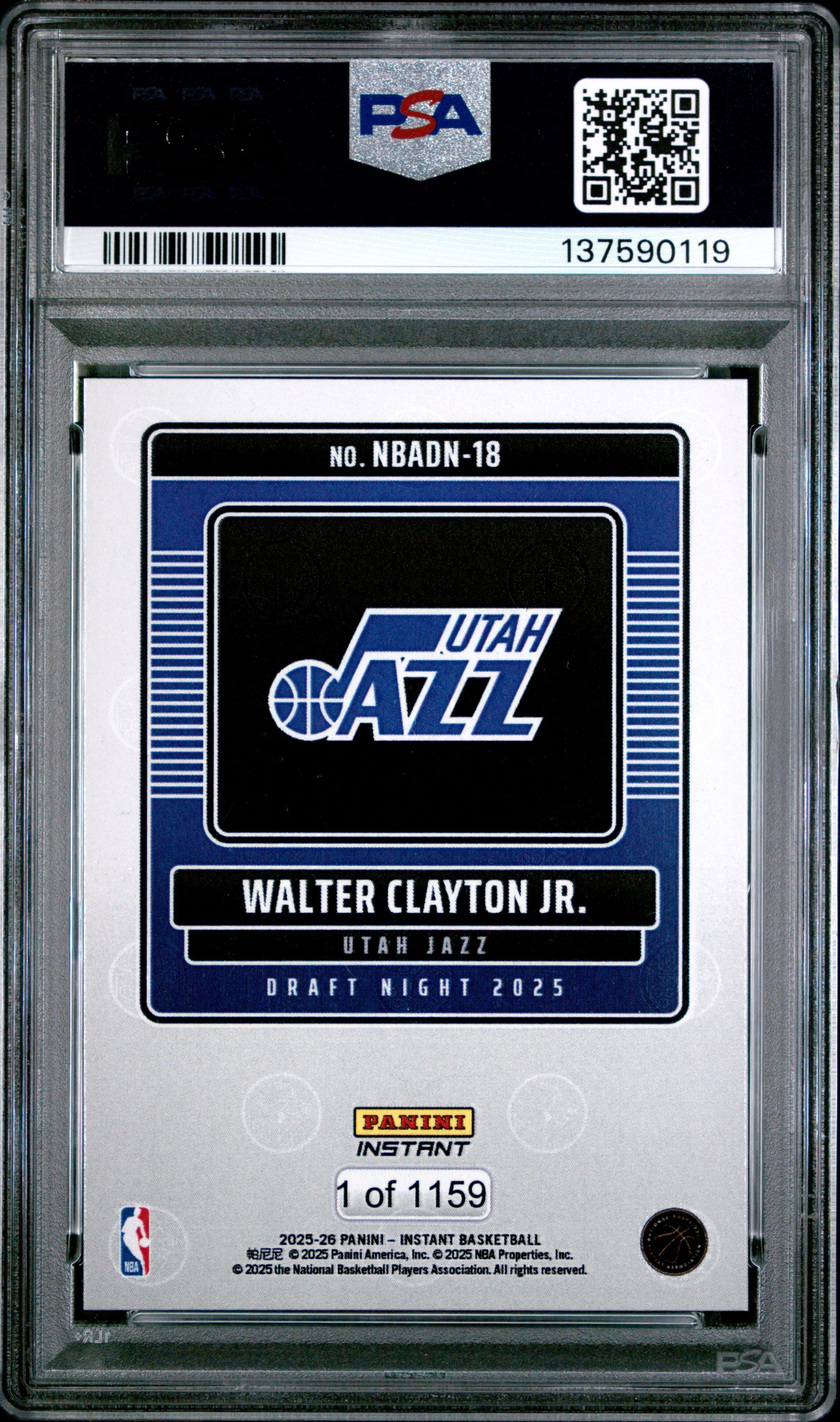 Graded 2025 Panini Instant Walter Clayton Jr. #18 Draft Night Rookie RC Basketball Card PSA 9 Mint - Image 2