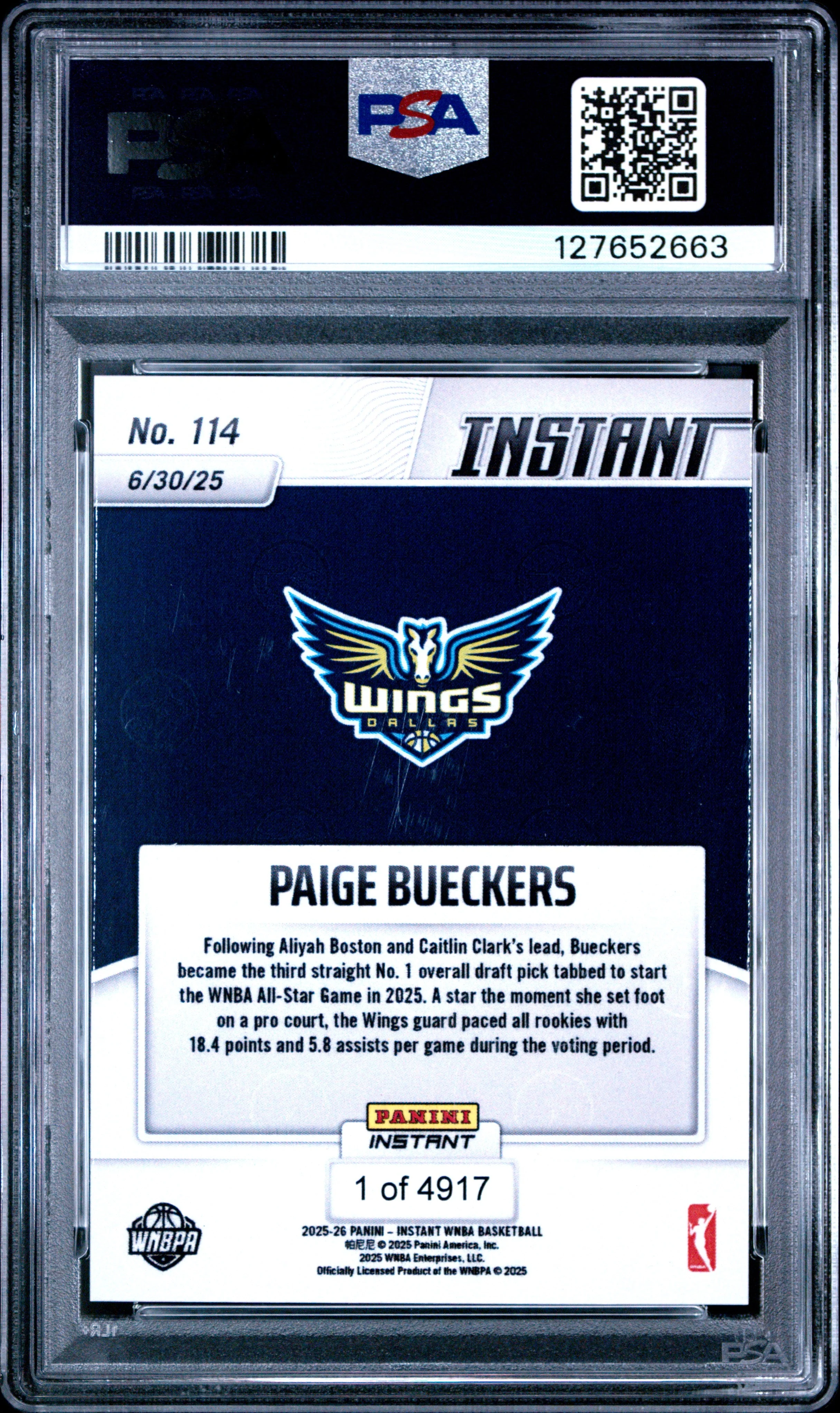Graded 2025 Panini Instant WNBA Paige Bueckers #114 Rookie RC Basketball Card PSA 10 Gem Mint - Image 2