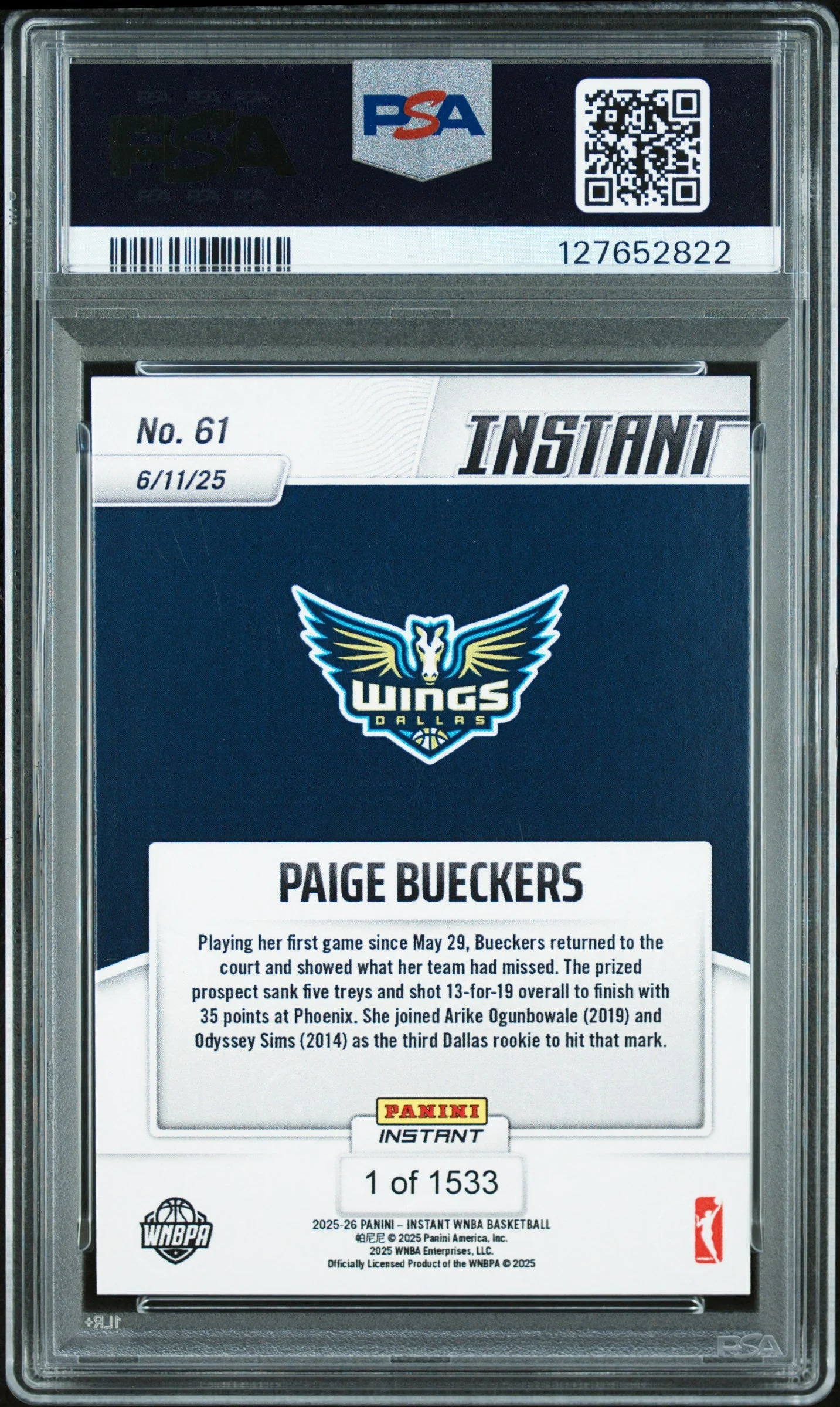 Graded 2025 Panini Instant WNBA Paige Bueckers #61 Rookie RC Basketball Card PSA 10 Gem Mint - Image 2