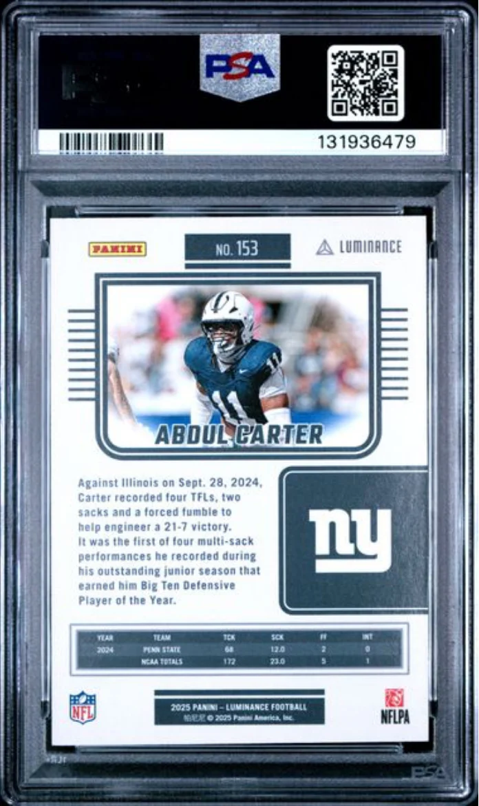 Graded 2025 Panini Luminance Abdul Carter #153 Orange /50 Rookie RC Football Card PSA 10 Gem Mint - Image 2