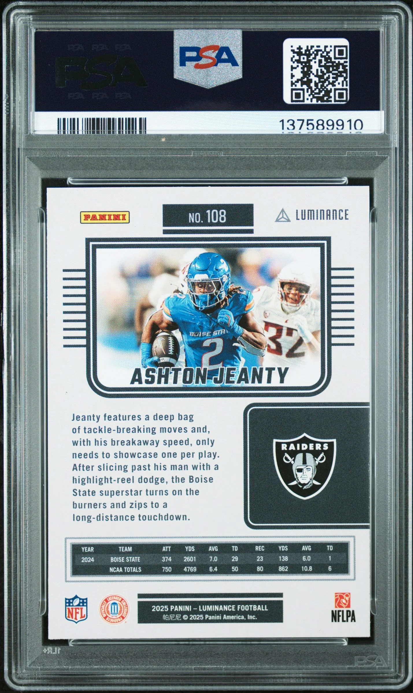 Graded 2025 Panini Luminance Ashton Jeanty #108 Rookie RC Football Card PSA 10 Gem Mint - Image 2
