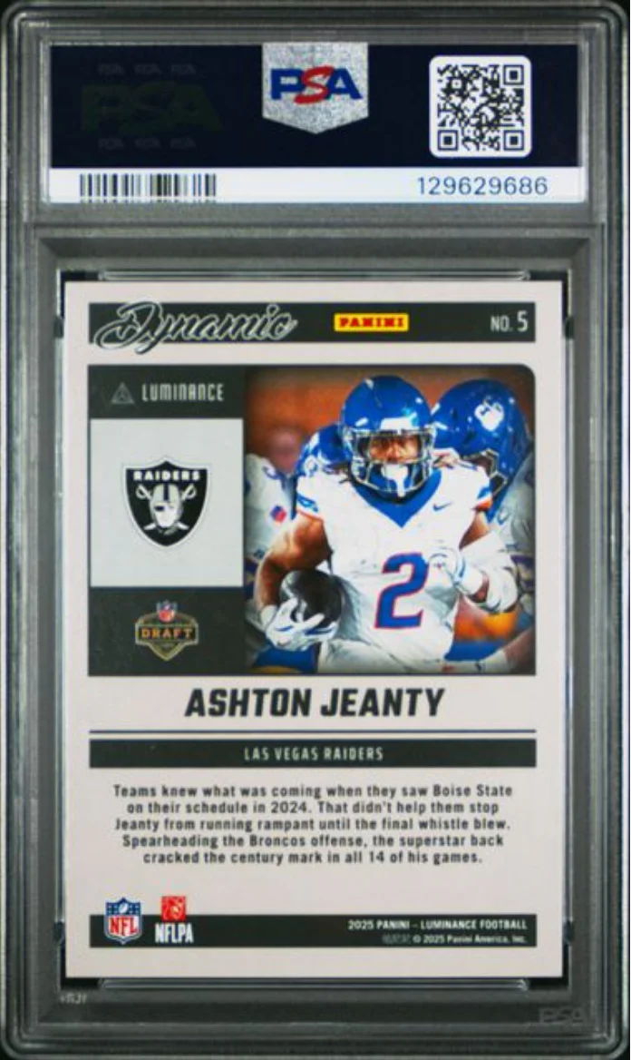 Graded 2025 Panini Luminance Ashton Jeanty #5 Dynamic Rookies Rookie RC Football Card PSA 10 Gem Mint - Image 2