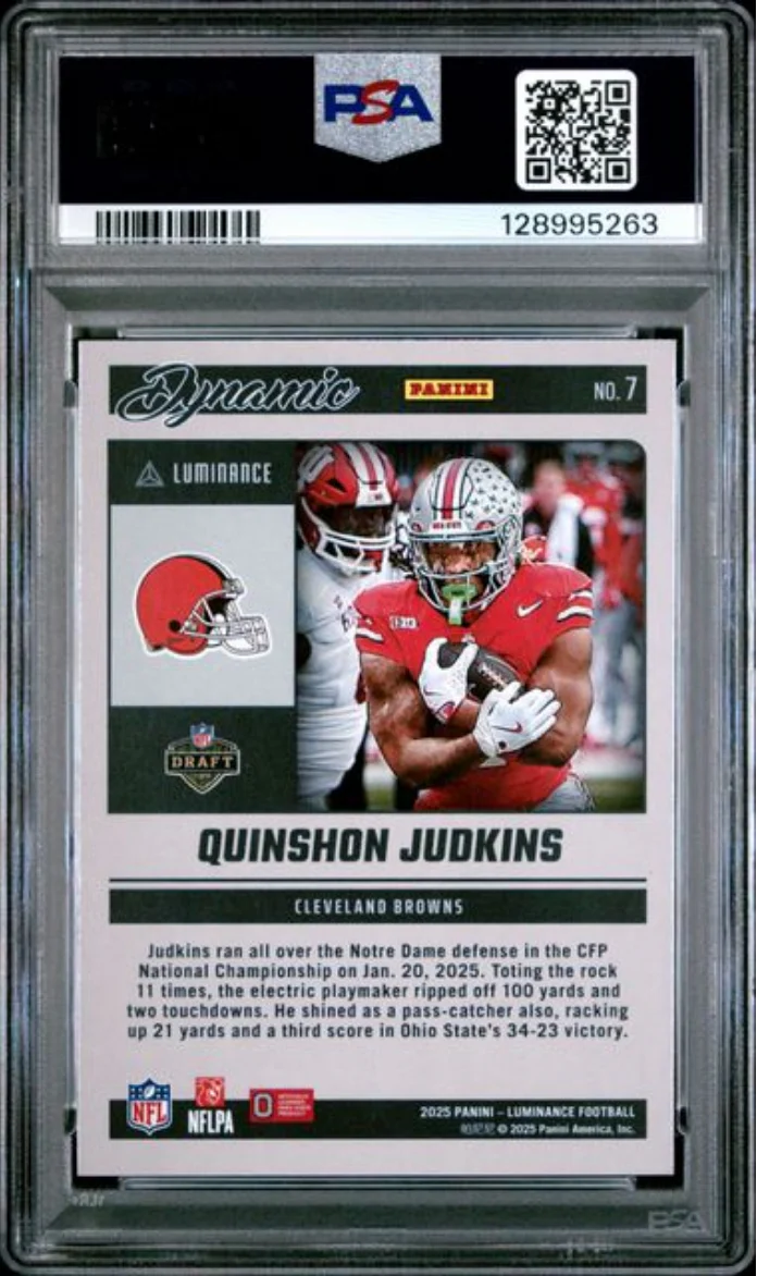 Graded 2025 Panini Luminance Quinshon Judkins #7 Dynamic Rookies Rookie RC Football Card PSA 10 Gem Mint - Image 2