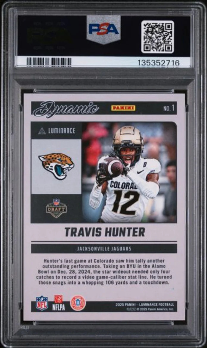 Graded 2025 Panini Luminance Travis Hunter #1 Dynamic Rookies Orange /100 Rookie RC Football Card PSA 10 Gem Mint - Image 2