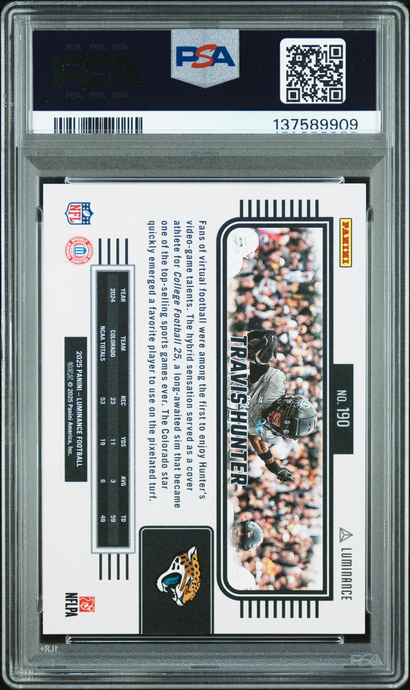 Graded 2025 Panini Luminance Travis Hunter #190 Rookie RC Football Card PSA 10 Gem Mint - Image 2