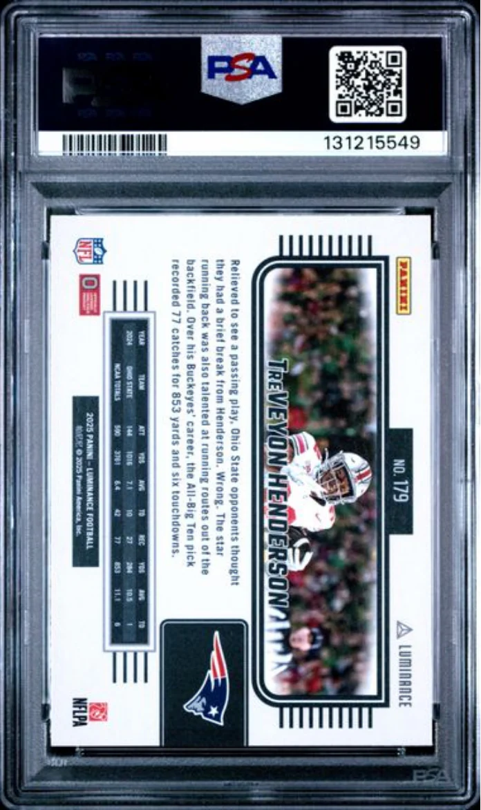 Graded 2025 Panini Luminance TreVeyon Henderson #179 Rookie RC Football Card PSA 10 Gem Mint - Image 2