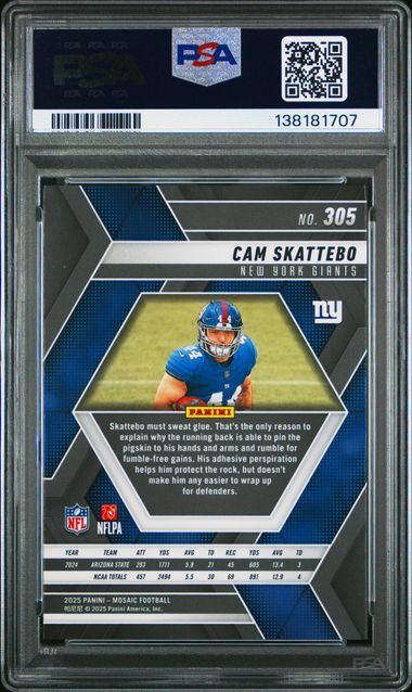 Graded 2025 Panini Mosaic Cam Skattebo #305 Rookie RC Football Card PSA 10 Gem Mint - Image 2