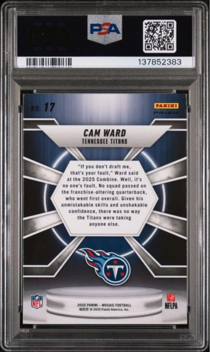 Graded 2025 Panini Mosaic Cam Ward #17 Center Stage Silver Rookie RC Football Card PSA 10 Gem Mint - Image 2