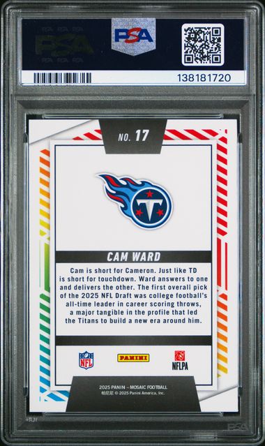 Graded 2025 Panini Mosaic Cam Ward #17 Men of Mastery Rookie RC Football Card PSA 10 Gem Mint - Image 2