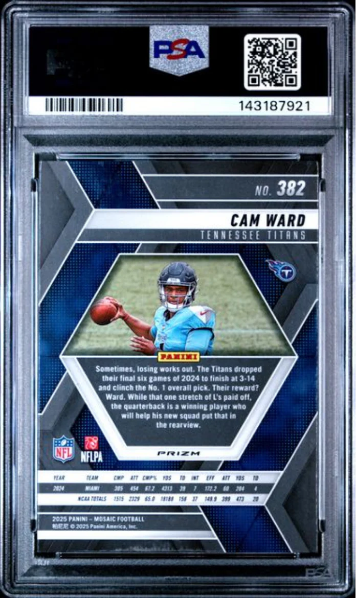 Graded 2025 Panini Mosaic Cam Ward #382 Silver Rookie RC Football Card PSA 10 Gem Mint - Image 2