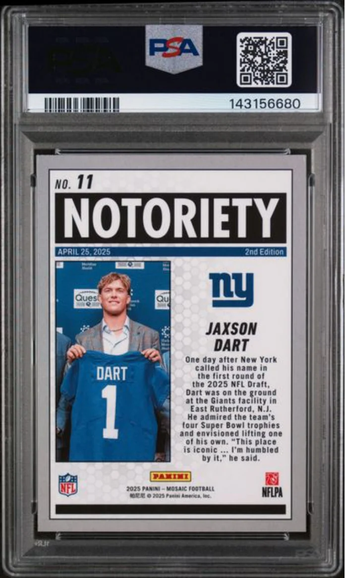 Graded 2025 Panini Mosaic Jaxson Dart #11 Notoriety Rookie RC Football Card PSA 10 Gem Mint - Image 2