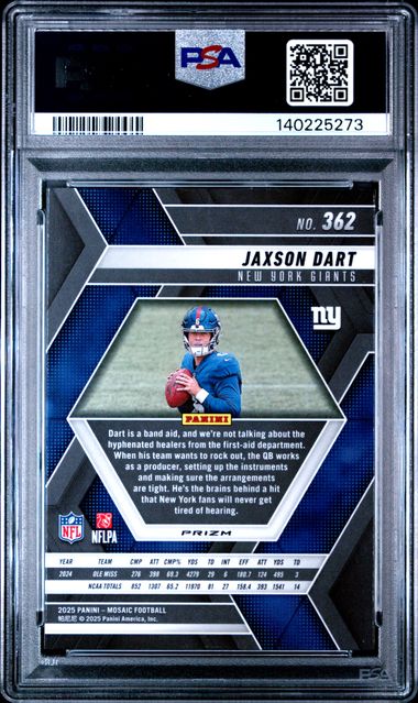Graded 2025 Panini Mosaic Jaxson Dart #362 Red & White Stripe Rookie RC Football Card PSA 10 Gem Mint - Image 2
