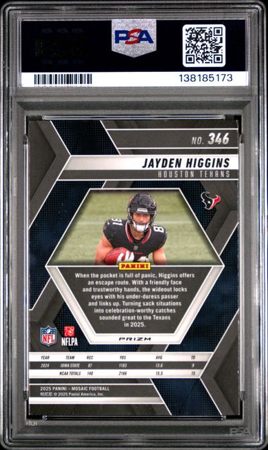 Graded 2025 Panini Mosaic Jayden Higgins #346 Mosaic Rookie RC Football Card PSA 10 Gem Mint - Image 2