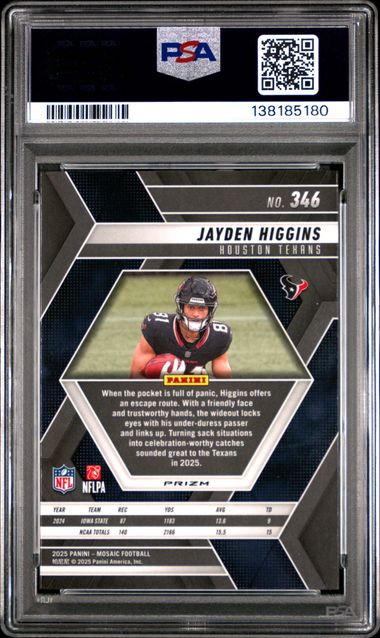 Graded 2025 Panini Mosaic Jayden Higgins #346 Red & White Stripe Rookie RC Football Card PSA 10 Gem Mint - Image 2
